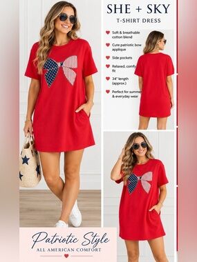 She + Sky Red Short Sleeve T-Shirt Dress with Patriotic Bow NWT
